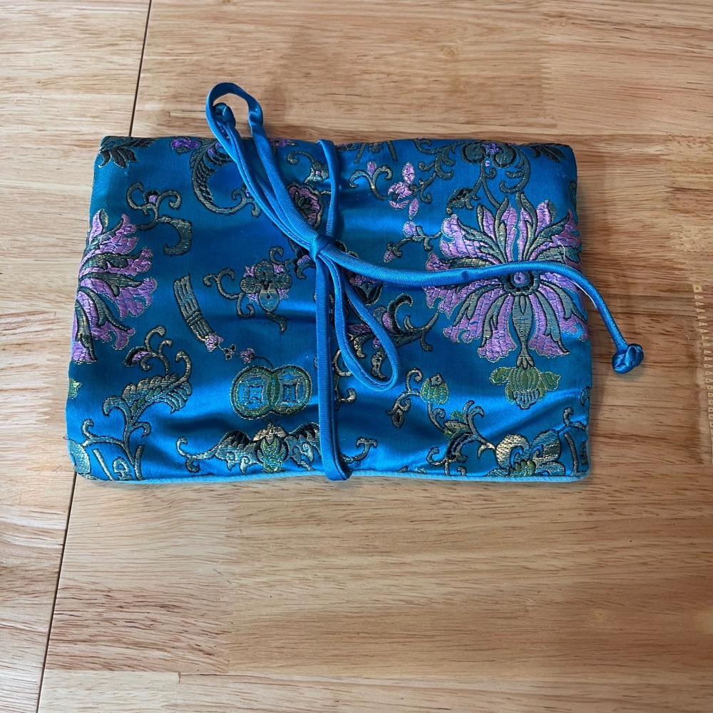 Blue Chinese Brocade Satin Jewelry Roll Travel Organizer Floral Gold Embroidered